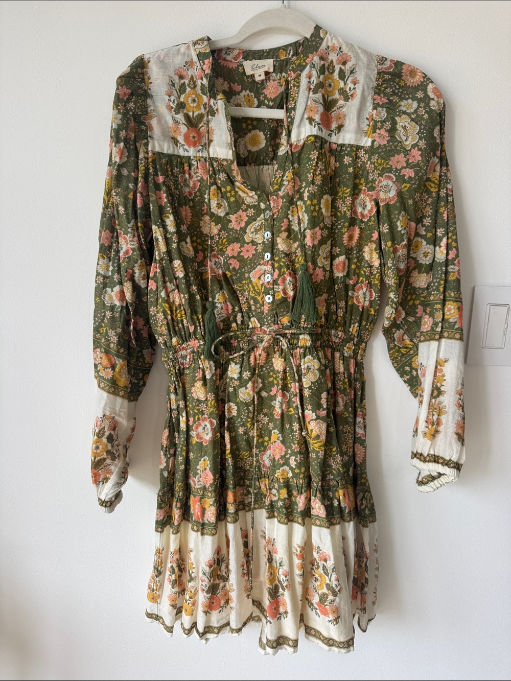 Elan Olive Green Floral Mini Dress with Cream Accents